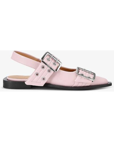 Ganni Buckle-embellished Slingback Leather Ballet Flats - Pink