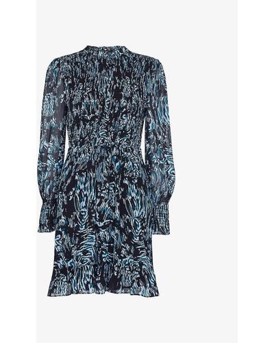 Whistles Tiger-print Shirred Woven Mini Dress - Blue