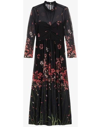 Ted Baker Susenaa Ruffle-neck Floral-print Stretch-mesh Midaxi Dress - Black