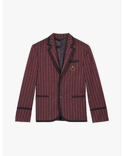 The Kooples Crest-embroidered Single-breasted Striped Stretch-wool Blazer - Purple