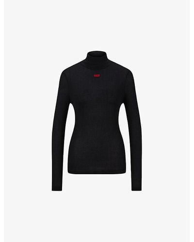 HUGO Slim-fit Branded Stretch Rib-knit Sweater - Black