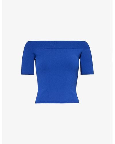 Alexander McQueen Off-the-shoulder Ribbed Knitted Top X - Blue