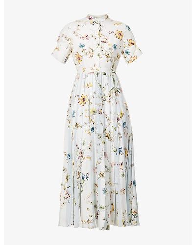 Erdem Norie Floral-print Pleated-hem Woven Midi Dress - White