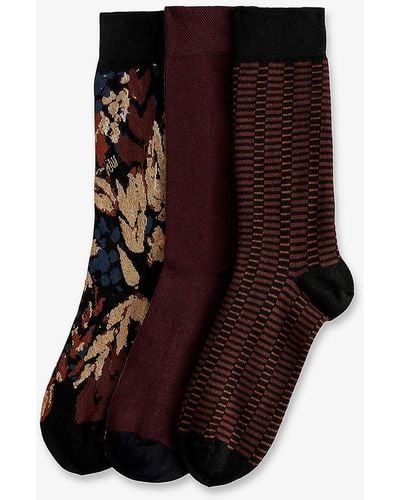 Ted Baker Burgpak -pattern Stretch-cotton Socks Pack Of Three - Brown