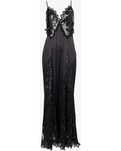 Rodarte Lace-panel Sequin-embellished Satin Maxi Dress - Black
