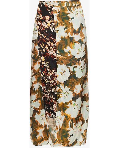 Dries Van Noten Floral-pattern Split-hem Silk-blend Midi Skirt - Metallic
