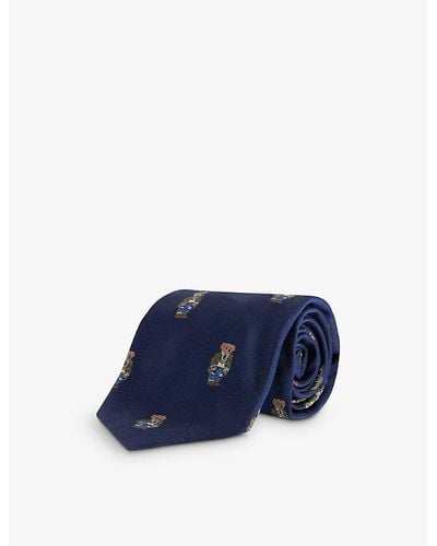 Polo Ralph Lauren Bear-embroidered Wide-blade Silk Tie - Blue
