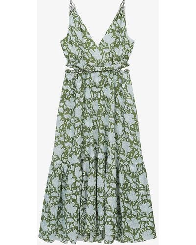 Maje Floral-print Cotton-blend Midi Dress - Green
