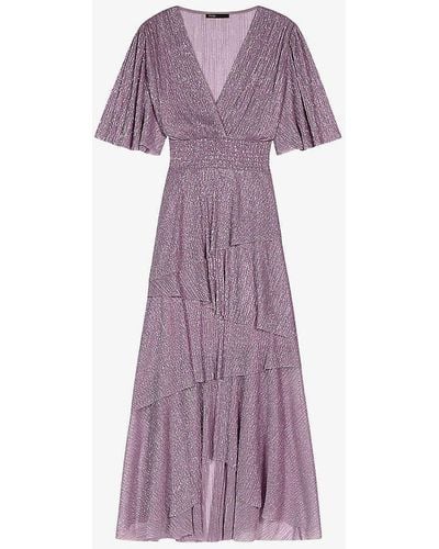 Maje Embellished-ruffled V-neck Plissé Maxi Dress - Purple