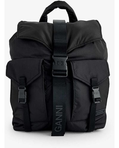 Ganni Bucked Flap-pocket Recycled-polyester Backpack - Black