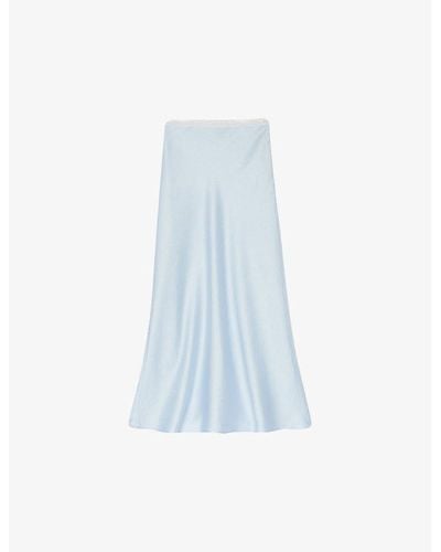 Sandro Logo Lace-waistband Floaty-hem Satin Midi Skirt - Blue