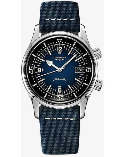 Longines L37744902 Legend Diver Stainless-steel And Leather Automatic Watch - Blue