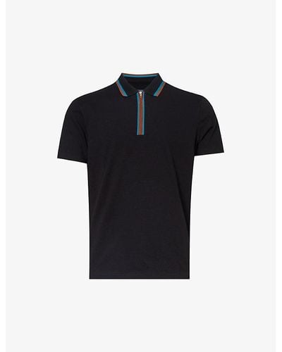 PS by Paul Smith Striped-trim Half-zip Regular-fit Stretch-organic-cotton Piqué Polo Shirt - Black