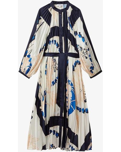 Reiss Daiya Graphic-print Pleated Woven Maxi Dress - Blue