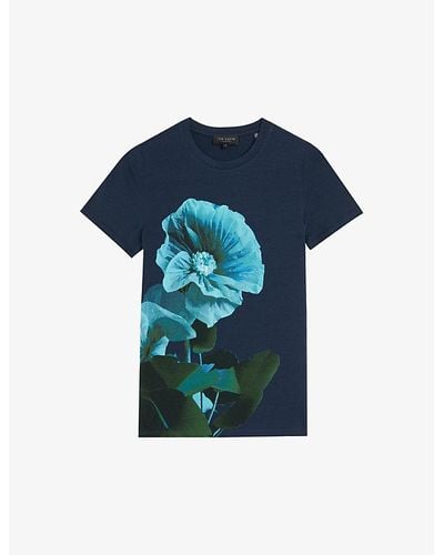 Ted Baker Meridi Floral-print Stretch-jersey T-shirt - Blue