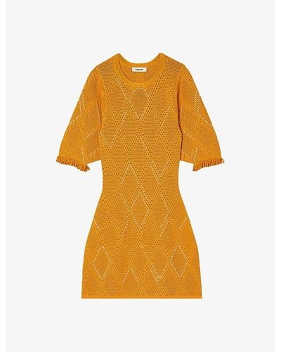 Sandro Round-neck Diamond-pattern Knitted Mini Dress - Orange