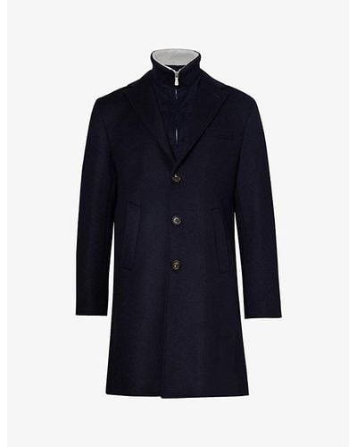 Eleventy Funnel-neck Notched-lapel Regular-fit Wool And Cashmere-blend Coat - Blue