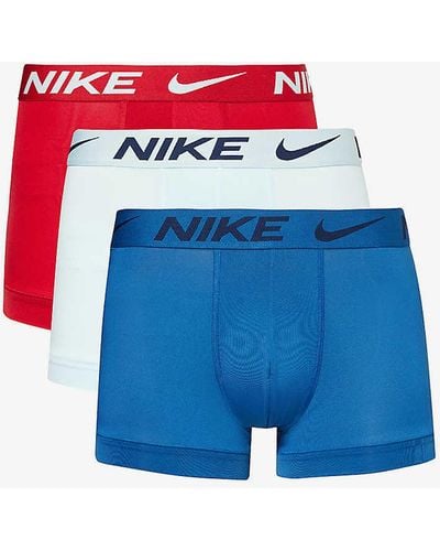 Nike Blue Blue Gym Red Logo-waistband Pack Of Three Stretch-recycled Polyester Trunks