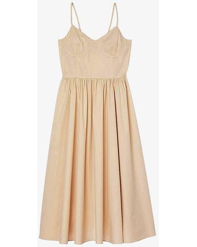 Sandro Corset-top Flared-skirt Stretch-cotton Midi Dress - Natural