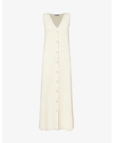 Jil Sander V-neck Split-hem Cotton-blend Midi Dress - White
