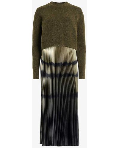 AllSaints Curtis Knitted Jumper And Ombre Recycled-polyester Midi Dres - Green