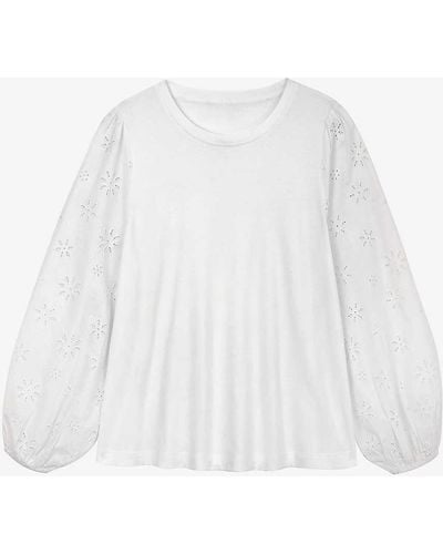 The White Company Broderie-sleeve Regular-fit Organic-cotton Top - White