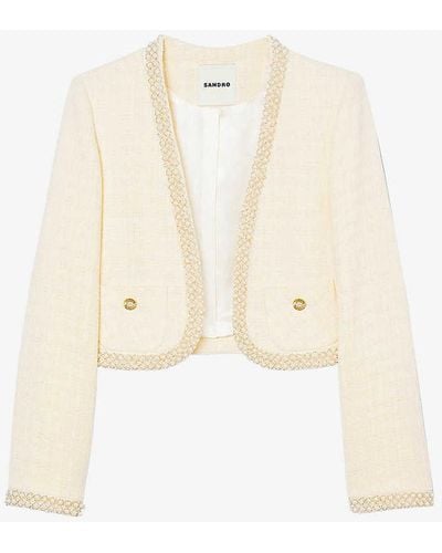 Sandro Faux Pearl-embellished Tweed-textured Cotton-blend Jacket - White