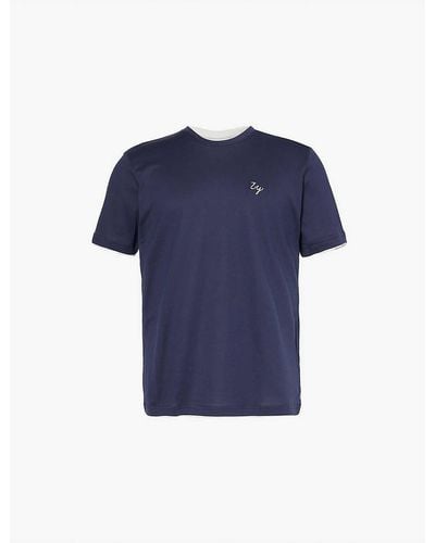 Eleventy Logo-embroidered Regular-fit Short-sleeve Cotton-jersey T-shirt - Blue