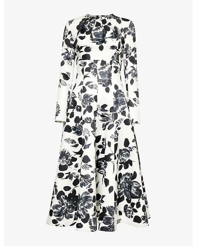 Emilia Wickstead Floral-print Long-sleeve Woven Midi Dress - Black