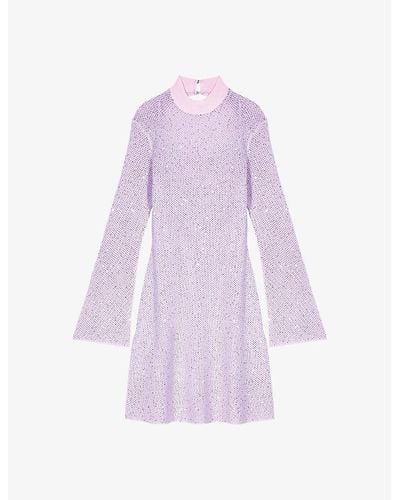 Maje High-neck Sparkle Knitted Mini Dress - Purple