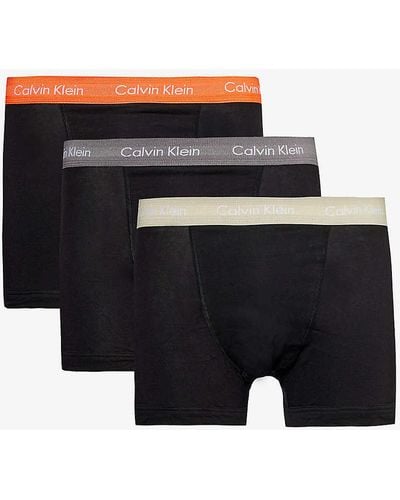 Calvin Klein Branded-waistband Mid-rise Pack Of Three Stretch-cotton Trunks - Black