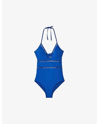 Reiss Gia Halter-neck Lattice-trim Swimsuit - Blue