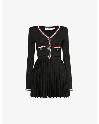 Self-Portrait Pleated-skirt Contrast-stripe Woven-blend Mini Dress - Black