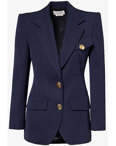 Alexander McQueen Vy Single-breasted Padded-shoulder Wool Jacket - Blue