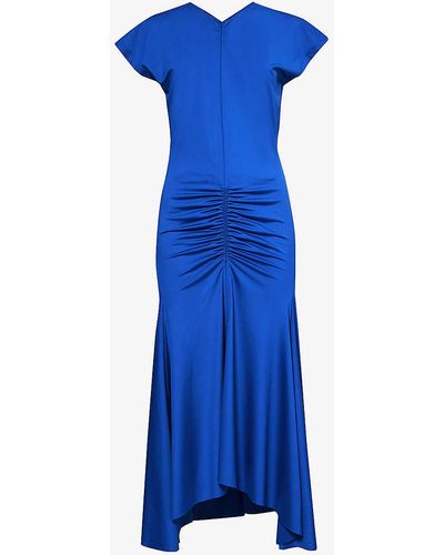 Victoria Beckham V-neck Ruched-panel Stretch-jersey Midi Dress - Blue