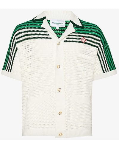 Casablancabrand Green White Tennis Brand-appliqué Crocheted Cotton Polo Shirt X
