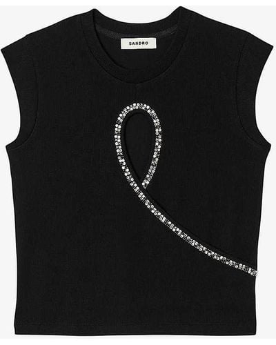 Sandro Crystal-embellished Cut-out Stretch-cotton Top - Black