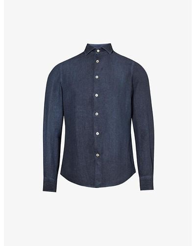 Eleventy Spread-collar Regular-fit Linen Shirt X - Blue