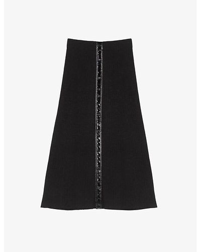 Maje Josana Embroidered-panel Stretch-woven Midi Skirt - Black