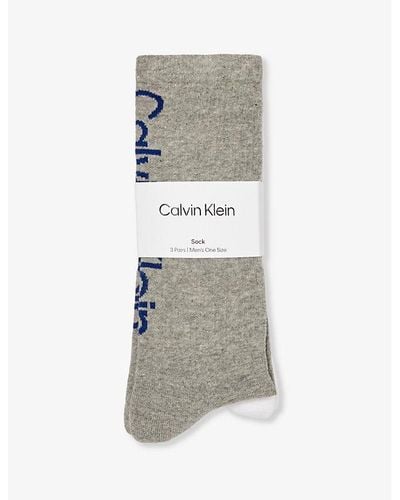 Calvin Klein Branded Crew-length Pack Of Three Cotton-blend Socks - Gray