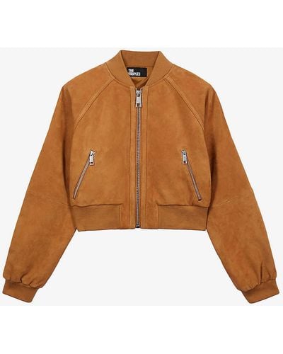 The Kooples Stand-collar Cropped Suede Bomber Jacket X - Brown