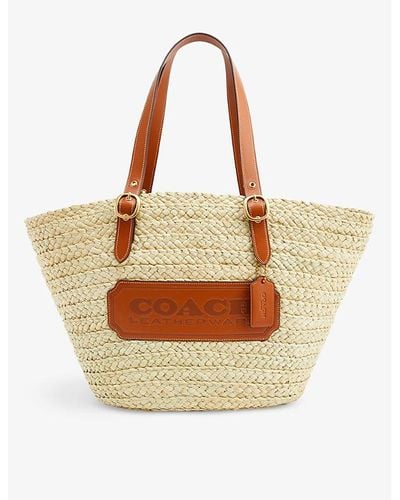 COACH Logo-patch Straw And Leather Tote Bag - Natural