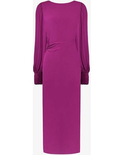Ro&zo Ruched-side Balloon-sleeve Woven Midi Dress - Purple