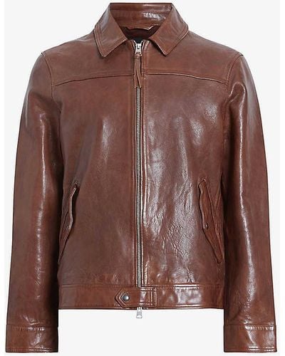 AllSaints Brim Collared Leather Jacket - Brown