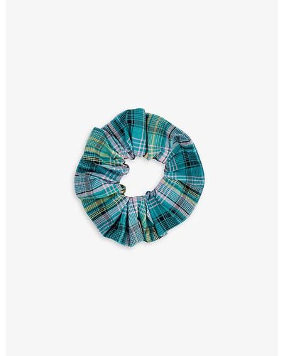 Ganni Checked Recycled-polyester Blend Scrunchie - Blue