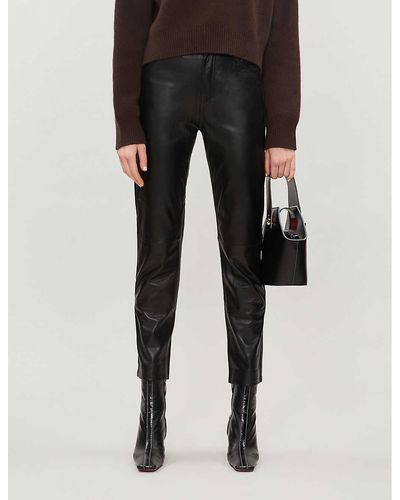 Sandro Womens Black Slim-fit High-rise Leather Trousers 6