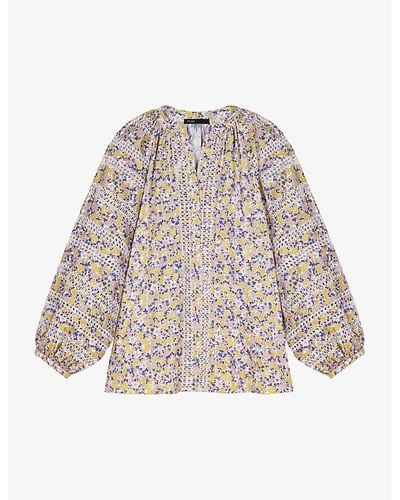 Maje Flower-print Relaxed-fit Cotton Blouse - Natural