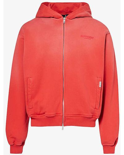 Represent Brand-print Relaxed-fit Cotton-jersey Hoody - Red