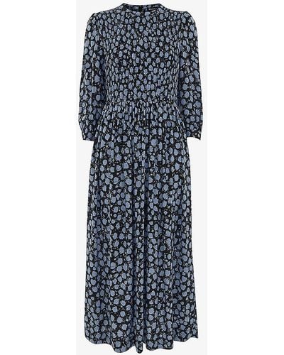 Whistles Dalmatian-print Shirred-bodice Woven Midi Dress - Blue