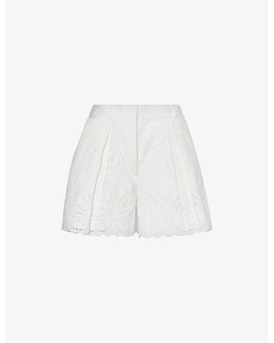 Self-Portrait Broderie-anglaise Pleated Cotton Shorts - White